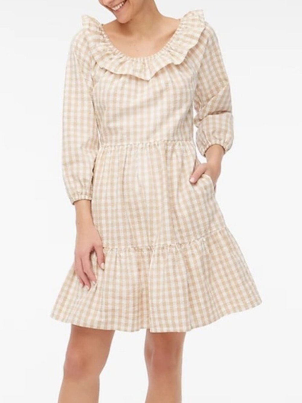 🌟 J. CREW 🌟 GINGHAM SEERSUCKER RUFFLE LONG SLEEVE TIERED DRESS TAN / WHITE 6